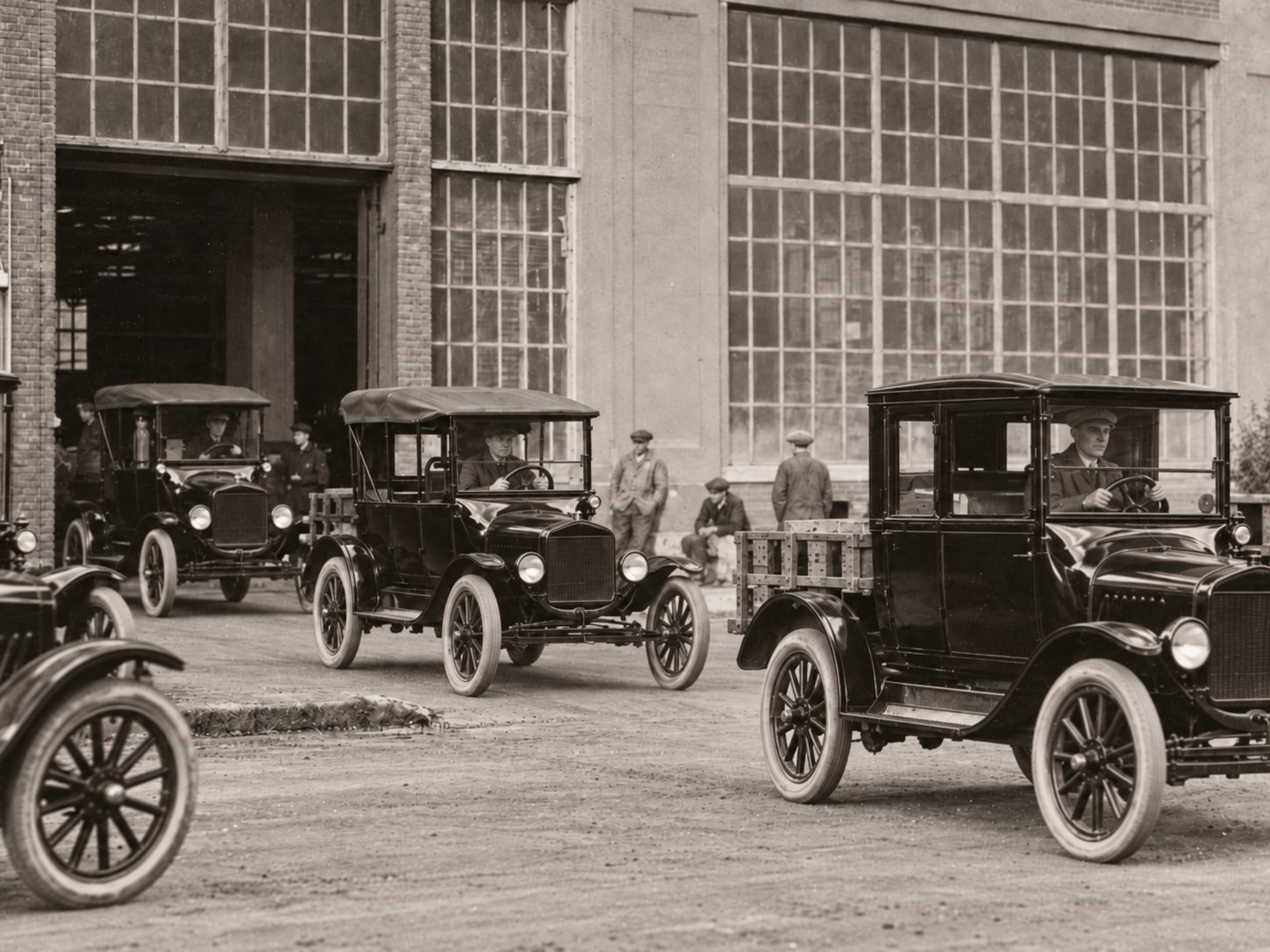 Ford Model T saindo, um atrás do outro, pelo portão da fábrica de Highland Park